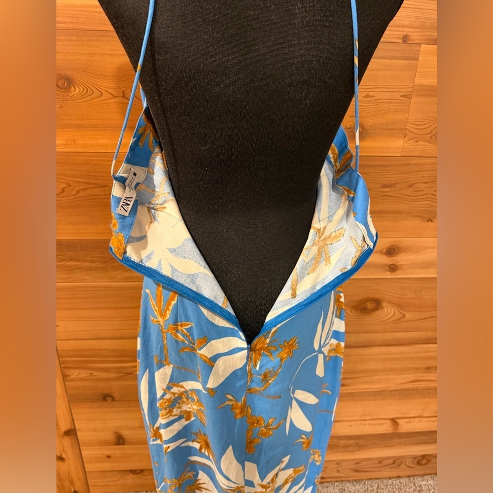 Zara Tropical Floral Blue Linen Blend Cut Out Front Slit Dress - Picture 8 of 13
